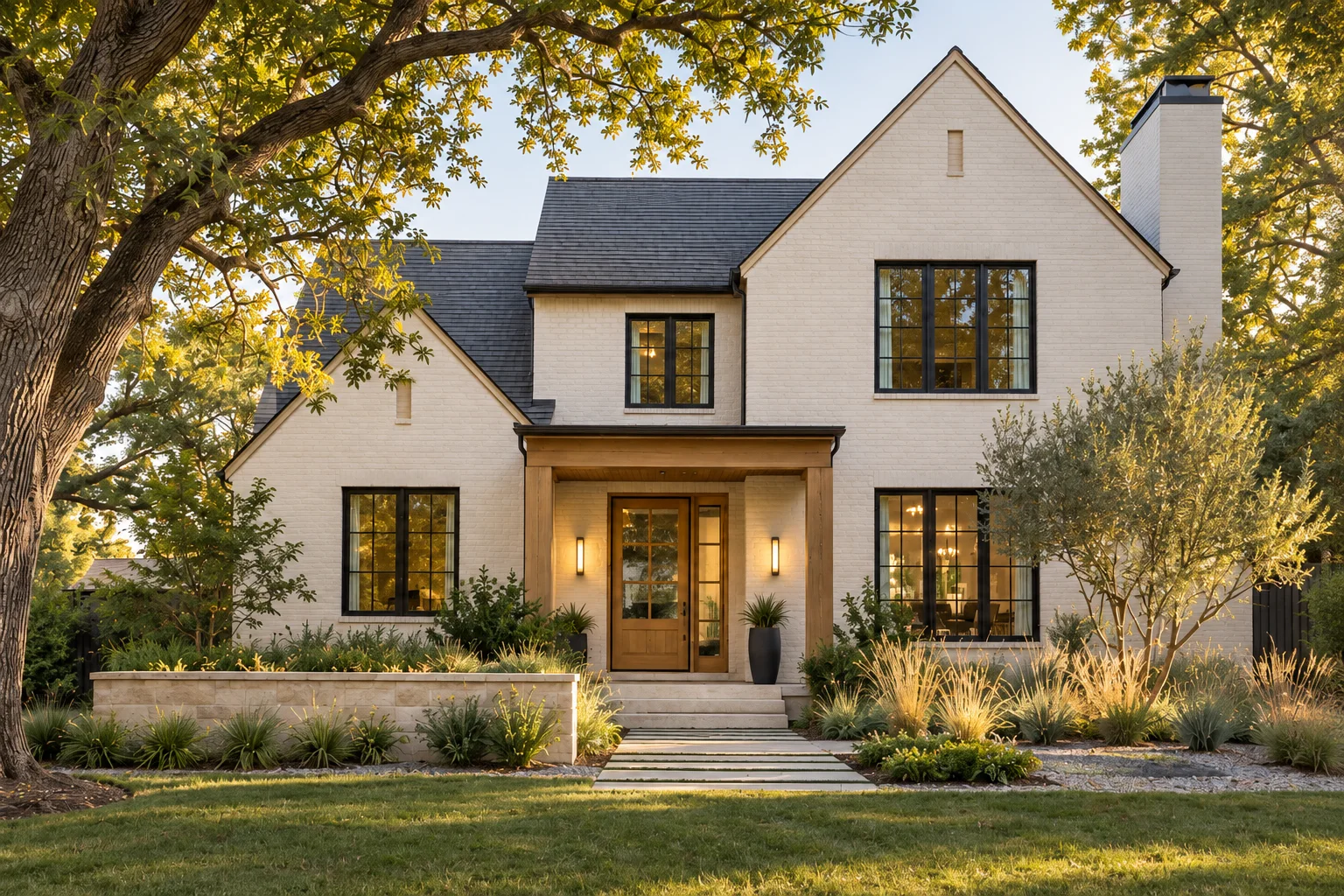 Illustrative home concept: a warm white brick house with dark windows, a timber entry, and landscaped gardens